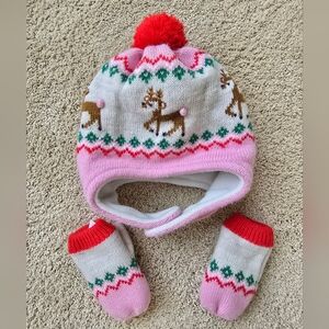 Boden Kids Reindeer Knit Hat and Mittens - Pink and Red